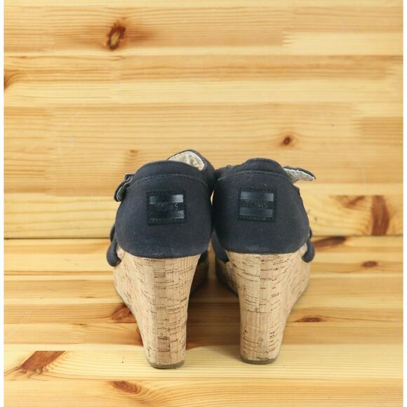 Toms Womens 9.5 Navy Blue Canvas Strappy Wedge Heel Sandals Ankle Strap - Picture 4 of 9